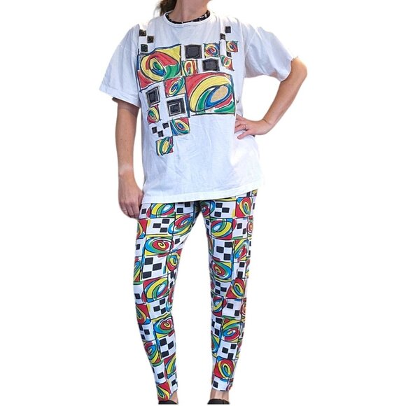 Vintage 80s 90s Streetwear Outfit Artwear Tunic Baggy Tshirt Checkered Set S/M/L - Picture 2 of 13